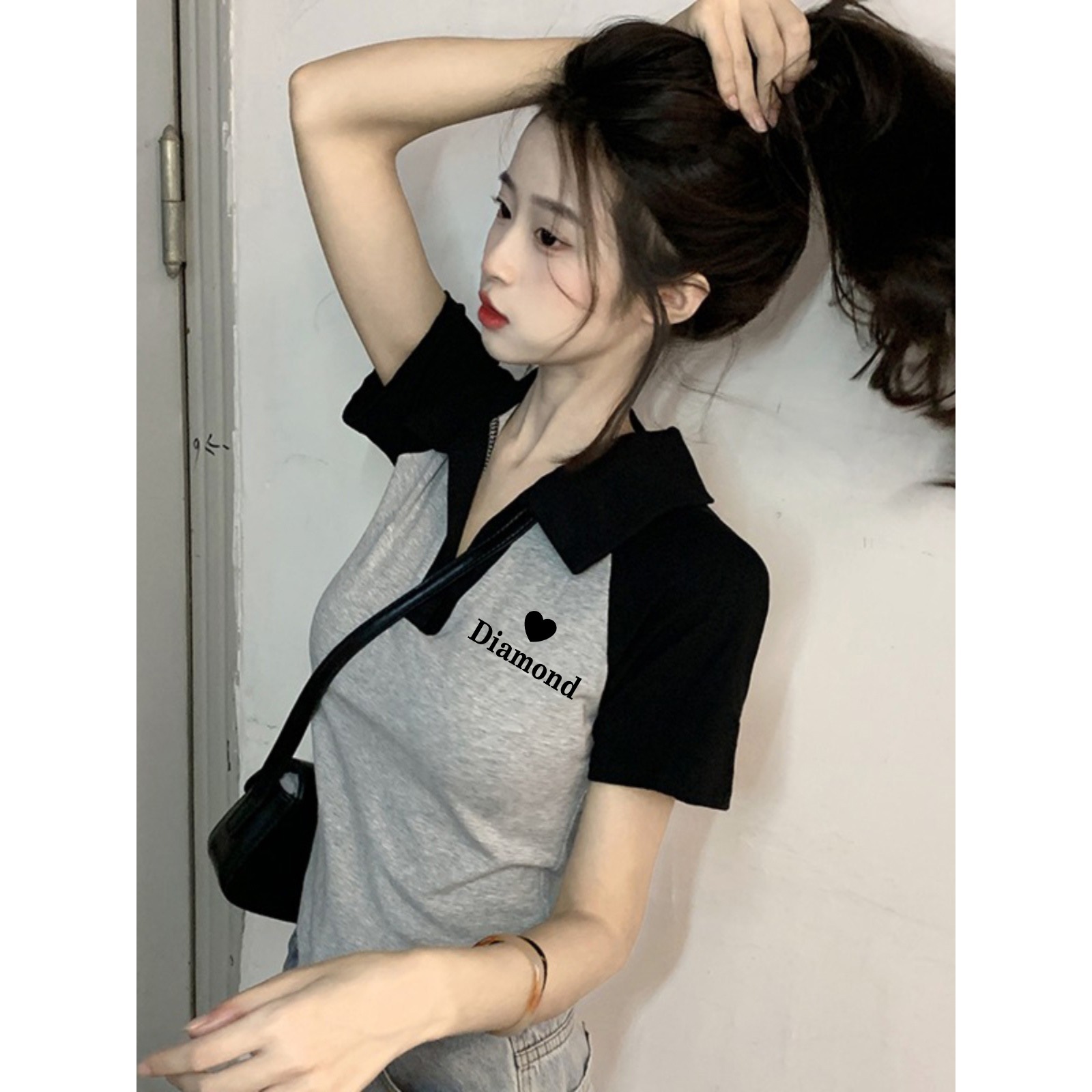 polo领撞色不规则短袖t恤女装夏季小众别致正肩短款辣妹上衣