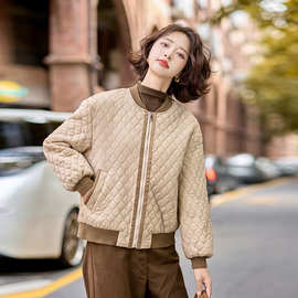 小个子撞色菱格夹棉棉服短款外套女2025秋冬新款今年流行轻薄棉衣