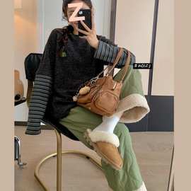 KK13 “小绿怪” 加厚拉绒磨毛假两件t恤女宽松刺绣百搭上衣ins