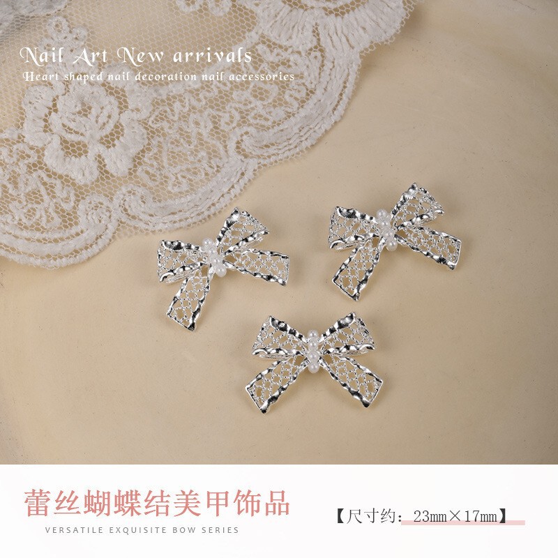 新款蕾丝蝴蝶结爱心吊坠美甲饰品立体蝴蝶结金属指甲钻美甲装饰|undefined