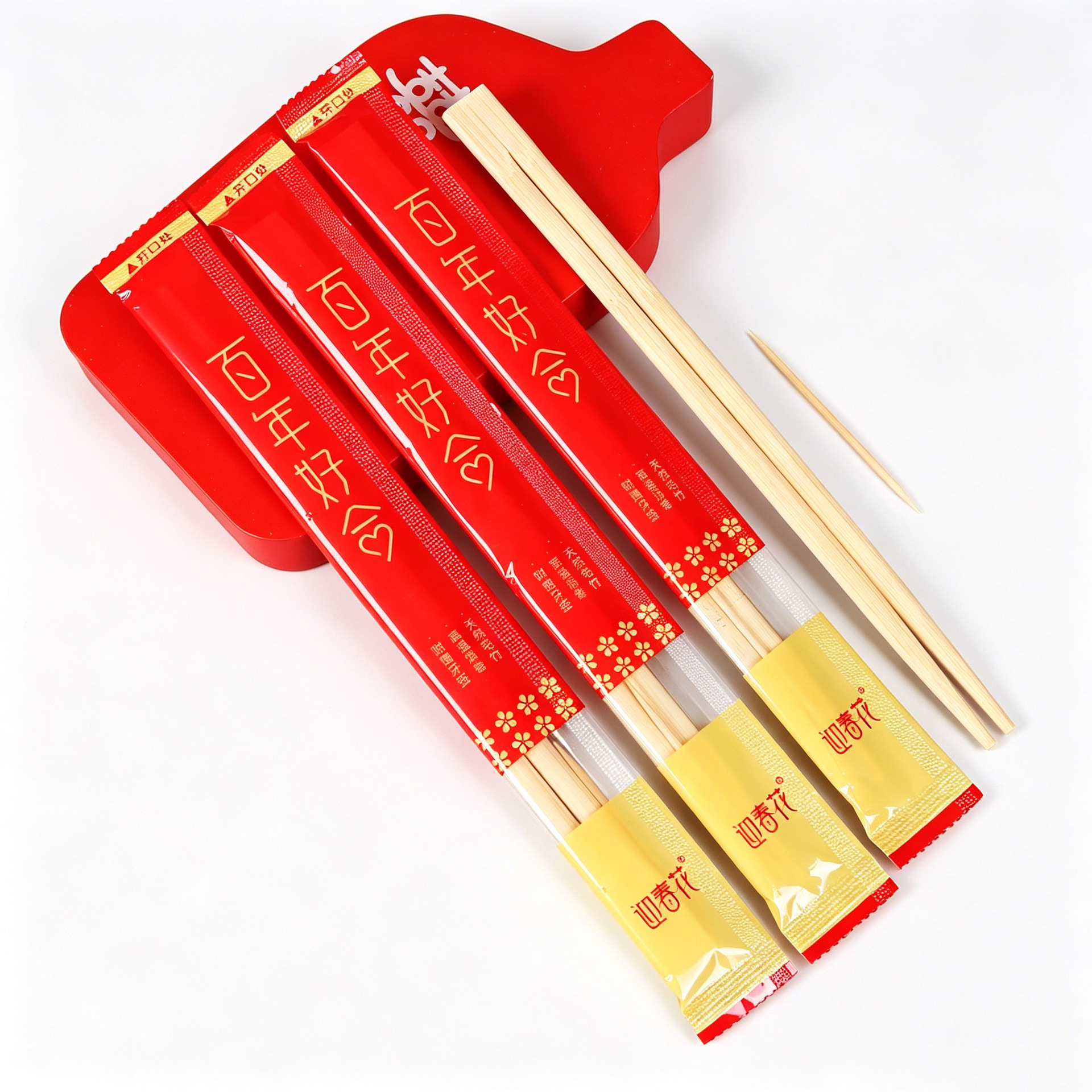 Wedding Disposable Chopsticks, Red Festive Bamboo Chopsticks for Wedding Banquets, Individually Packaged with Toothpicks, Wholesale