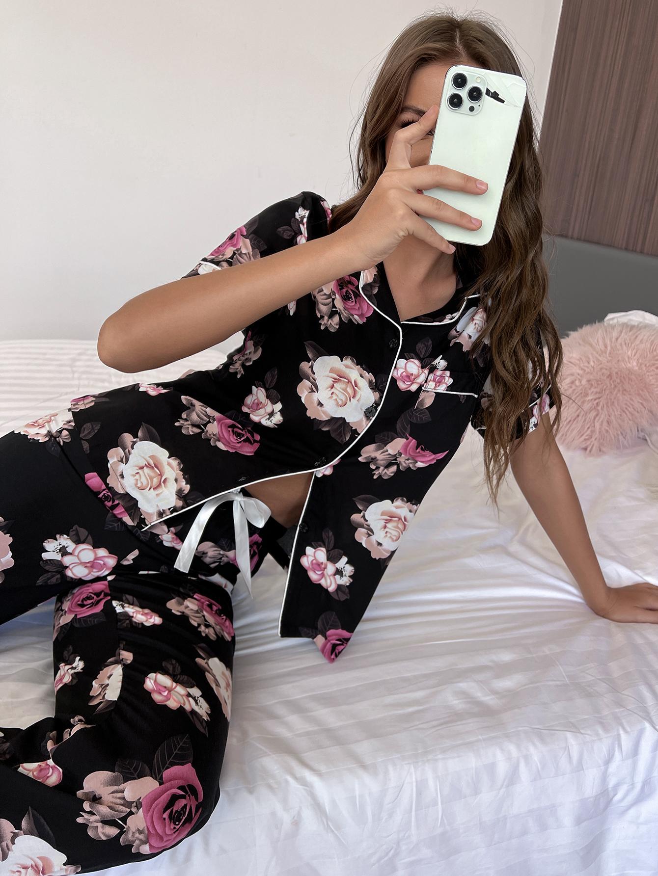 short-sleeved loose lapel flower print two-piece Loungewear-Can be worn outside NSWFC130540