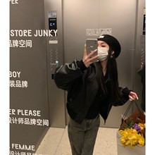 ‘时髦教主’2023春进口绵羊皮真皮棒球服皮衣外套女