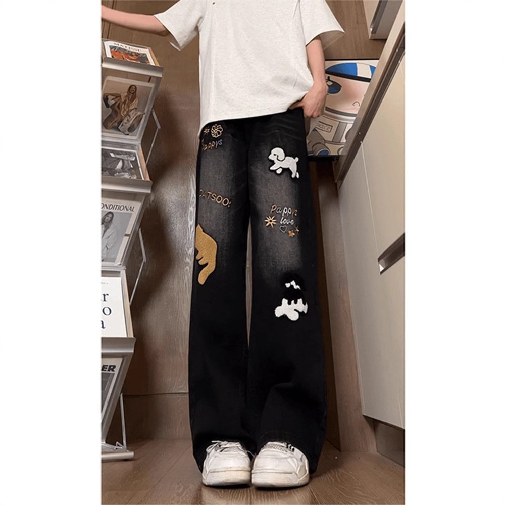 Dog Embroidered Jeans Men's Summer Thin American High Street Vibe Pants High Waist Straight Leg Pants
