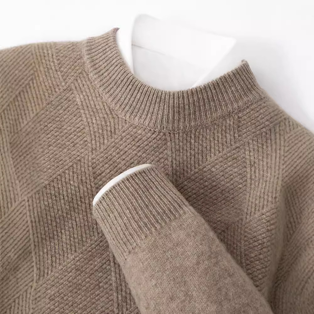 Demi-season woolen solid knitted sweater with a round collar
