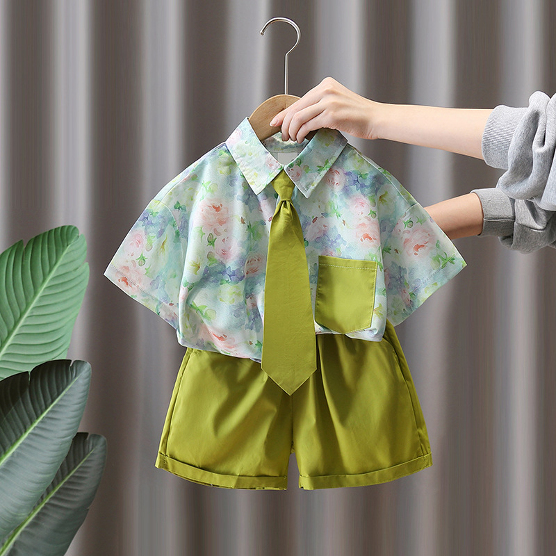 7878 Camisa de flores para niños, camisa de manga corta de verano para niños, pantalones cortos, ropa de verano de dos piezas, ropa de calle frita