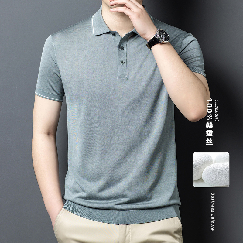 Silk Mulberry Silk Short-sleeved T-shirt Men's Lasel Summer High-end Men's Business Polo Collar Half-sleeved T-shirt for Middle-aged Men Silk Mulberry Silk Short-sleeved T-shirt Men's Lasel Summer High-end Men's Business Polo Collar Half-sleeved T-shirt for Middle-aged Men