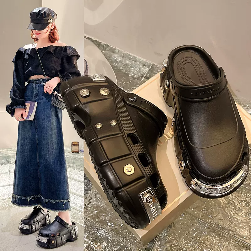 网红拖鞋金属增高厚底巴黎洞洞鞋女士夏季2023夏新款透气外穿凉鞋