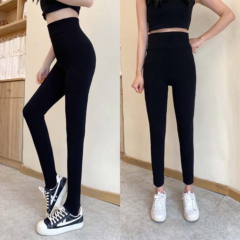 Women's Fleece-Lined Pencil Leggings for Outerwear, Black Tight-Fitting Corn-Waist Ankle-Length Stirrup Pants, Versatile and Slimming, High-Waisted