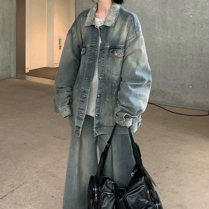 Retro denim long jacket, American style, mid-length