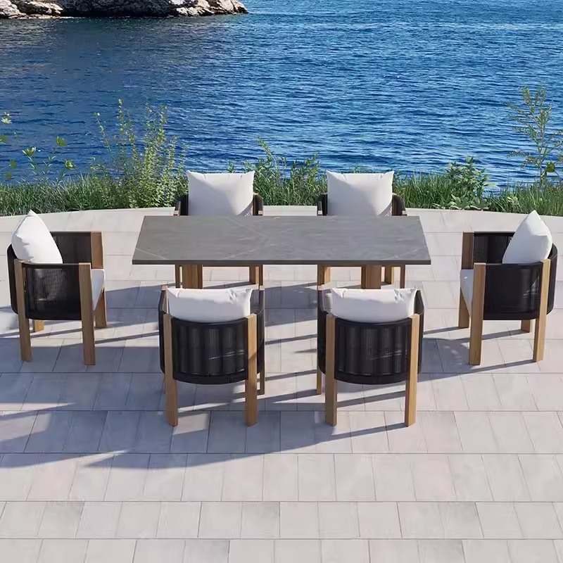 Mesa y silla de teca al aire libre jardín al aire libre patio ocio madera maciza impermeable y protector solar nórdico silla de ratana muebles combinados