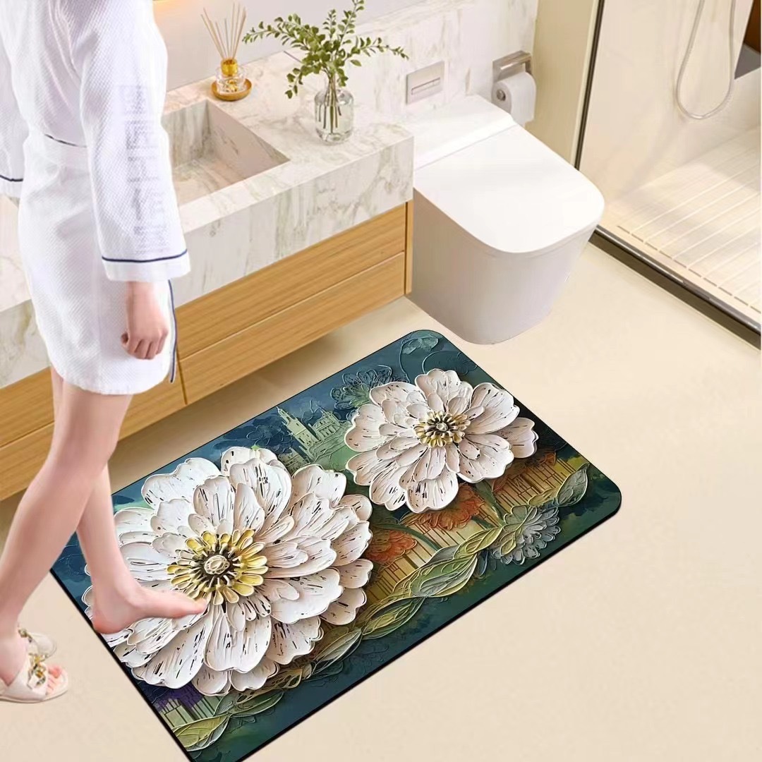 Alfombra absorbente para baño con diseño de flores pintadas al óleo, alfombra suave de barro de diatomeas, alfombra para entrada de baño, alfombra antideslizante para puerta de baño