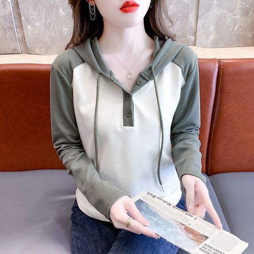 Stylish Color Block Hooded Base Layer Sweatshirt Women's Winter Sweatshirt 2025 New Design Long Sleeve T-Shirt Short Top