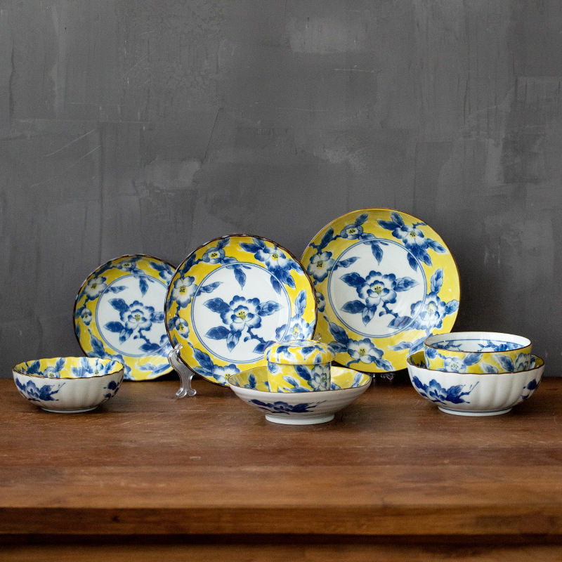 Official Authentic Japanese Imported Mino Ware Yellow Peony Plate Daily Kitchen Rice Bowl Japanese Ceramic Tableware