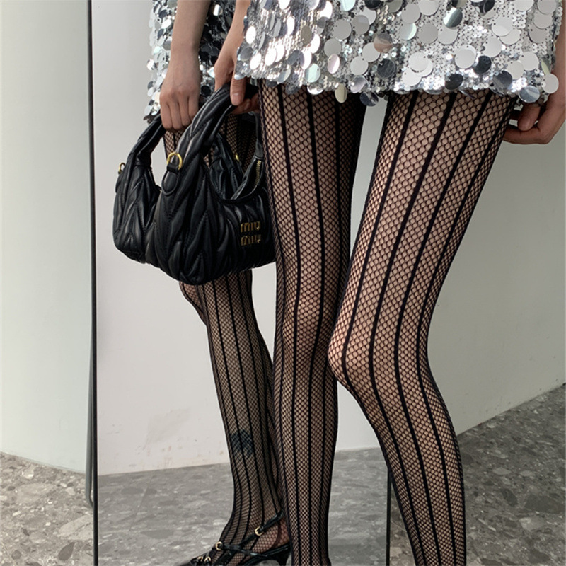 Bas résille à rayures verticales transfrontalières européennes et américaines pour femmes, collants fins et sexy, noirs ajourés_voghion.com