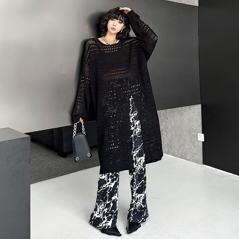 Hong Kong-style Niche Design Sense Solid Color Split Knitwear dress Spring/Summer 2025 Loose Mid-length Sunscreen Shirt