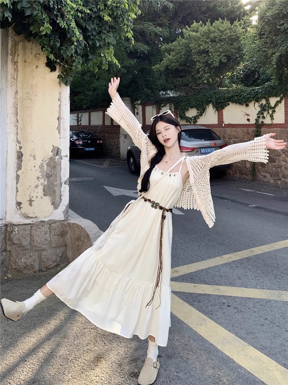 Seaside Resort Style Suit, Elegant Waist Suspender Dress, Women's Summer Knitted Hollow Cardigan Top Two-Piece Set