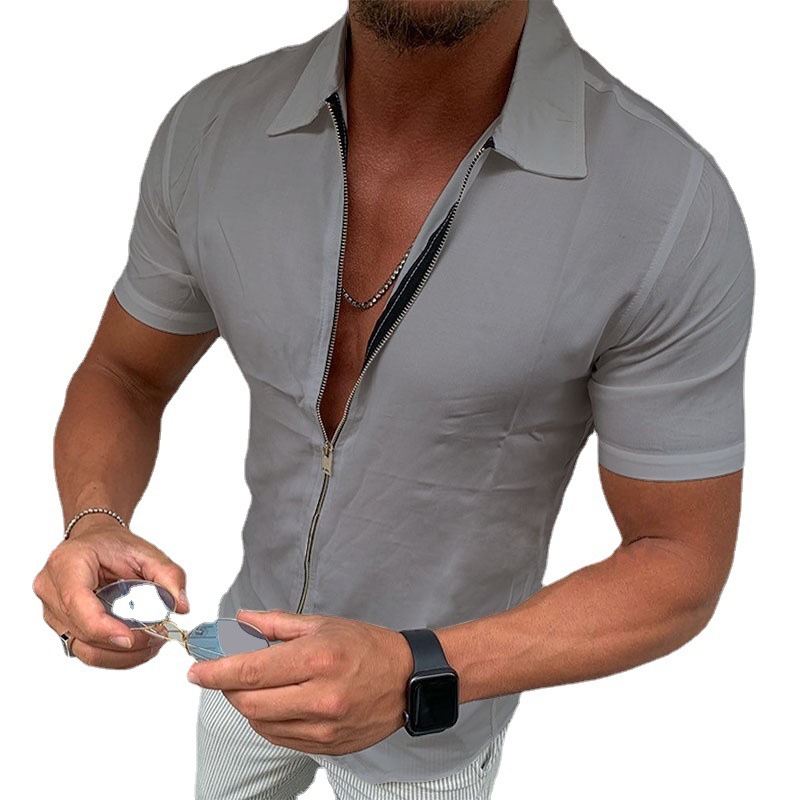 Comercio exterior 2022 verano transfronterizo de los hombres de color sólido cremallera camisa de manga corta de los hombres delgados de solapa casual cardigan top