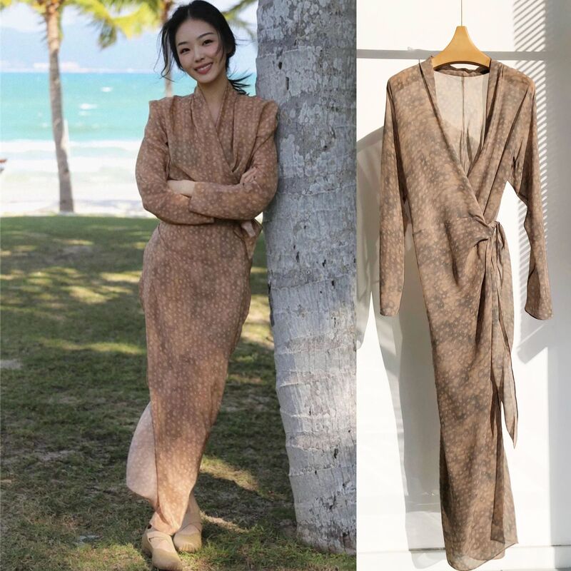 Ethereal and Elegant Silk Georgette Dress with Deer-Spot Pattern, Silk Wrap Long-Sleeve Dress Ethereal and Elegant Silk Georgette Dress with Deer-Spot Pattern, Silk Wrap Long-Sleeve Dress