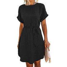 2025欧美春夏新款亚马逊wish跨境外贸女装系带圆领纯色时尚连衣裙