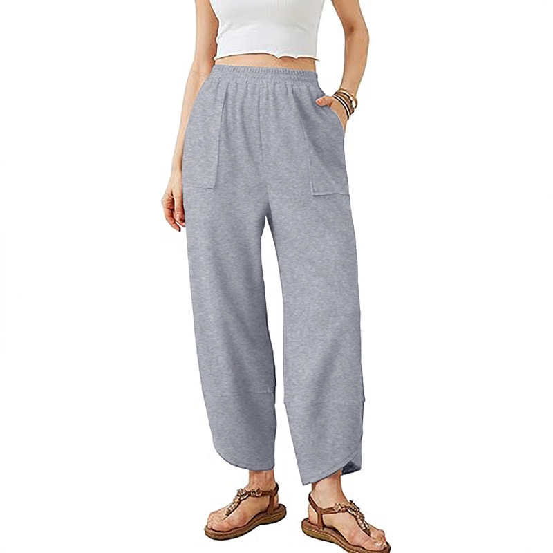 2026 New Women's Pants Solid Color Pocket Casual Sports Pants Elastic Waist Long Pants New Style