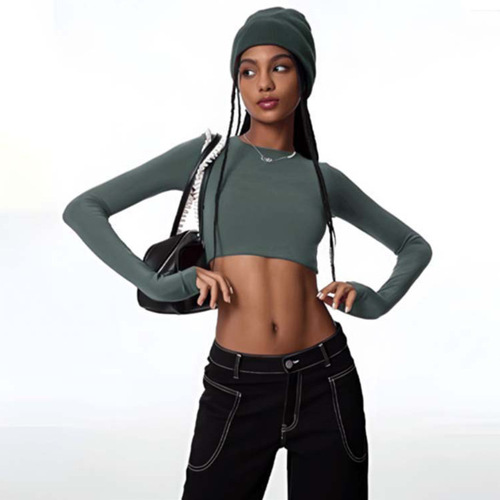 European and American foreign trade dance top long sleeve midriff-baring short women's running yoga clothes outdoor sports jacket with breast pad