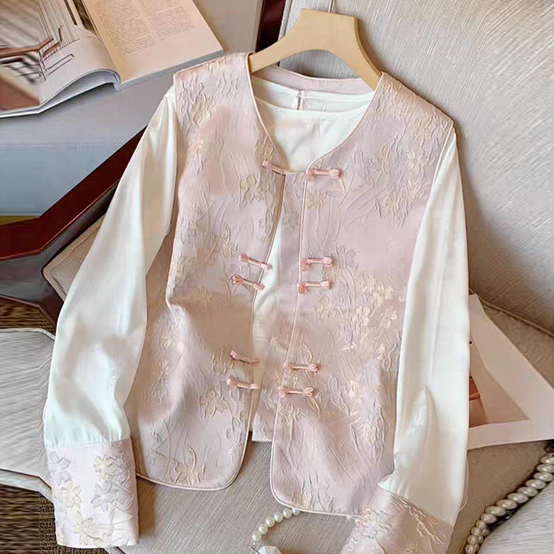 Vintage Jacquard Button Tang Suit Vest for Women, New Spring Chinese Style Shirt and Vest Layered Two-Piece Set