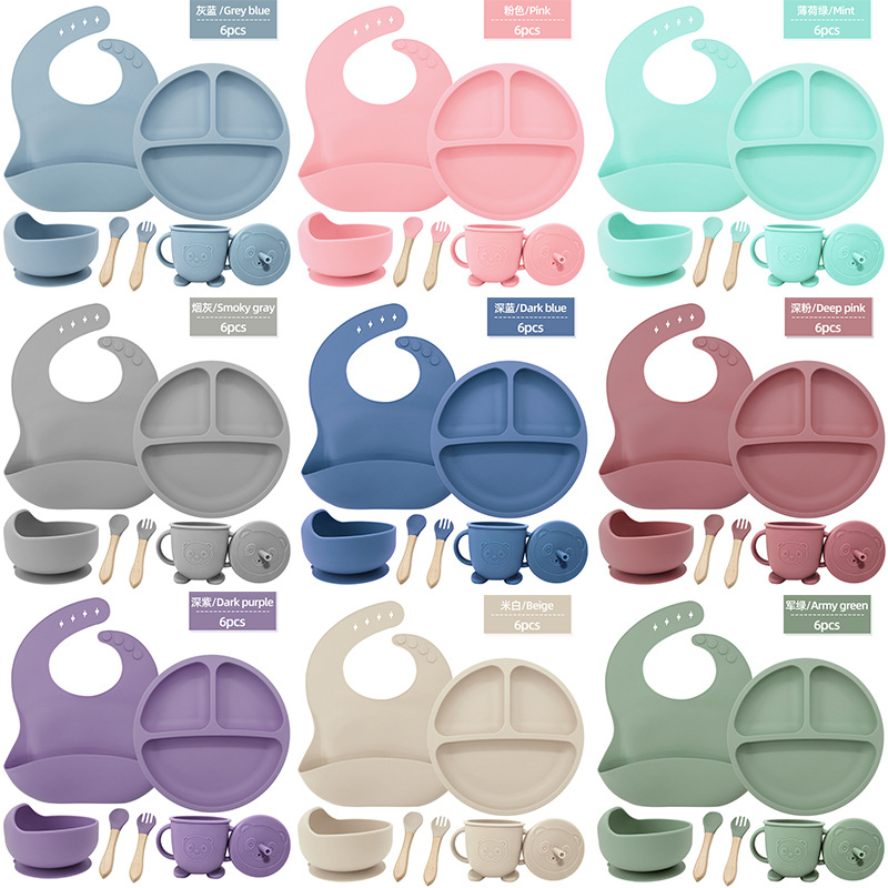 Vajilla de silicona para niños Juego de 6 piezas de silicona para bebés Tazón de alimentos complementarios separados Cuchara tenedor Taza para aprender a beber Juego de vajilla para madres y bebés