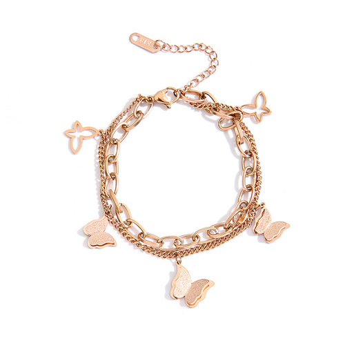 Korean minimalist rose gold double sand-blasted butterfly titanium steel bracelet, INSRARE design, exquisite double-layer women's bracelet