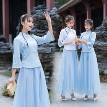 9327+9336原创2020新款民族风绣花棉麻七分袖网纱大摆裙姐妹装