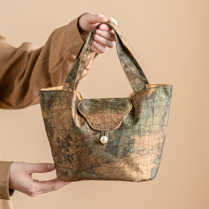 香云纱盖碗茶杯收纳包千里江山手提包户外便携茶具收纳袋精致布包