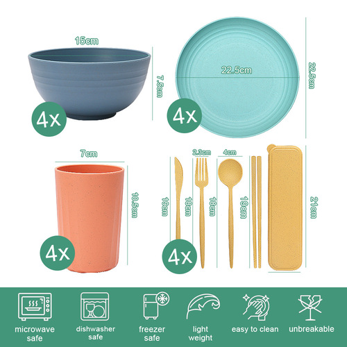 Cross-border wheat straw bowls, cups and plates 32-piece tableware set portable knife, fork, spoon and chopsticks microwaveable tableware set
