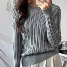 100%纯棉线圆领打底针织衫女纯色柔软保暖毛衣内搭抽条套头上衣冬