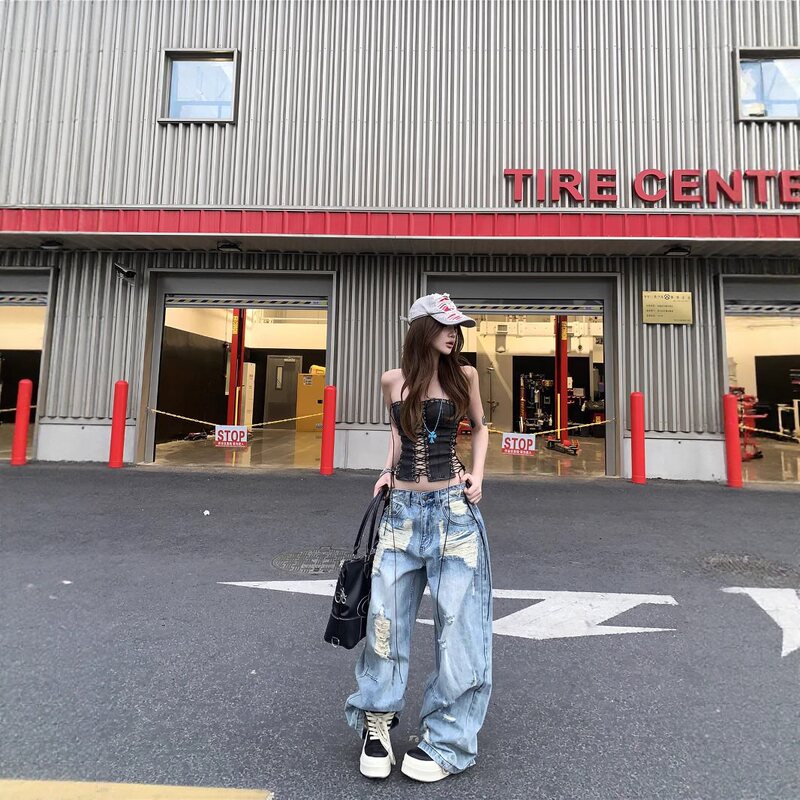 Real Shot of Cut Out Suspender Pu Leather Vest Top for Women, Loose Washed Distressed Ripped Wide-Leg Jeans Trendy 82605