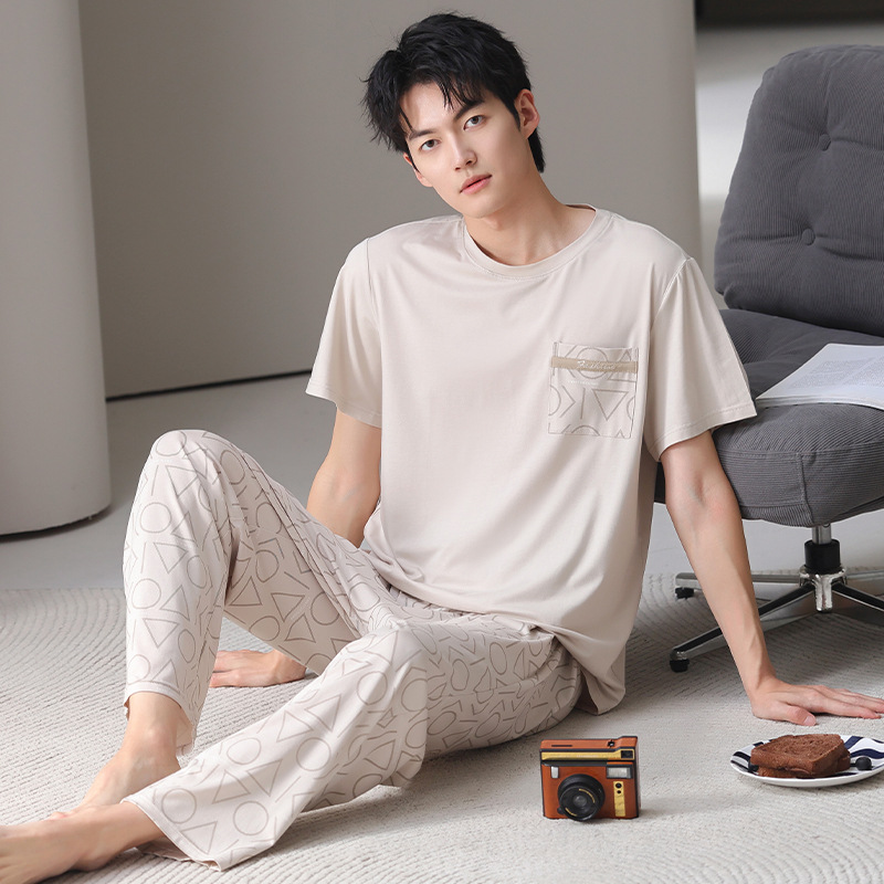 Men's Pajamas Summer Cotton Thin Round Neck Short Sleeve Trousers Youth Loose Men's plus size Home Clothes suit