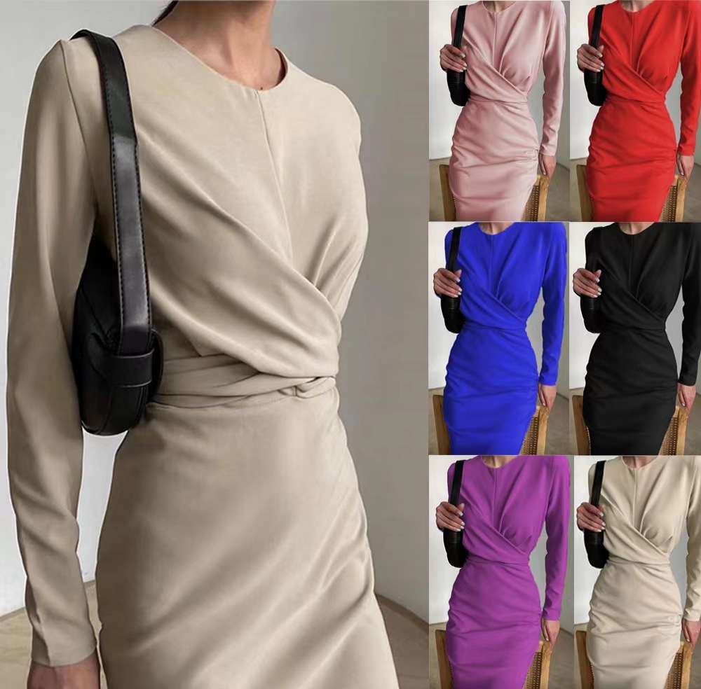 Women's A-line Skirt Fashion Round Neck Patchwork Long Sleeve Solid Color Knee-length Daily display picture 1