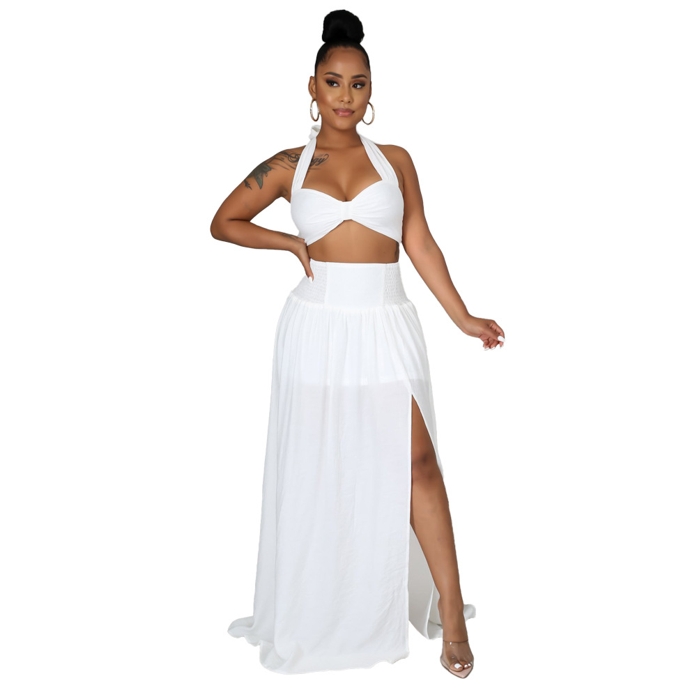 Halter Short Top Pleated Half-Length Slit Long Skirt Set NSCYF68190