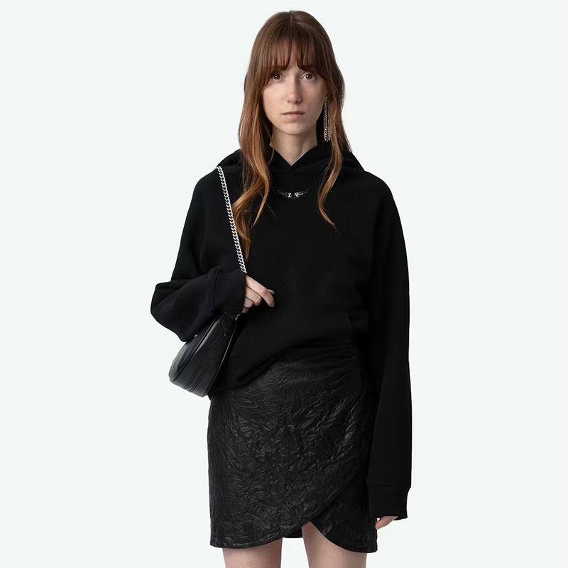 24 New Winter French Niche Zv Wings Hot Diamond Sleeves Printed Fleece Black Women's Hooded Sweatshirt