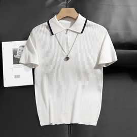 轻奢拉链翻领暗条纹薄款短袖毛衣男士针织衫2026春夏季新款跨境TK