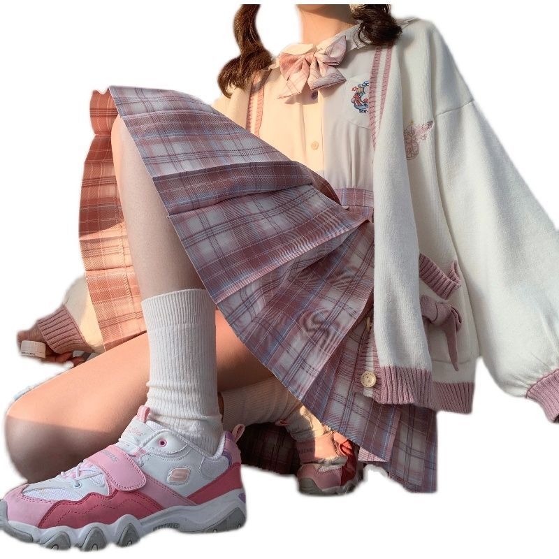 (4 피스 슈트) 가을 겨울 JK 유니폼 대학 스타일 보우 니트 가디건 스웨터 + 셔츠 백시 브로케이드