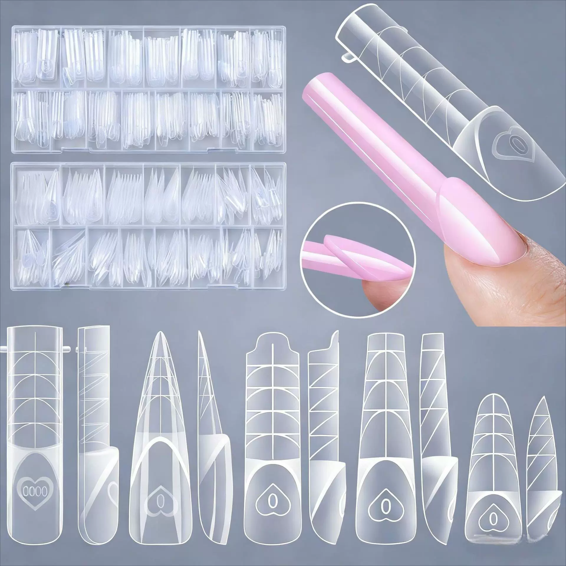 美甲甲片法式空间甲模150片盒装带刻度透明水晶光疗延长美甲指甲