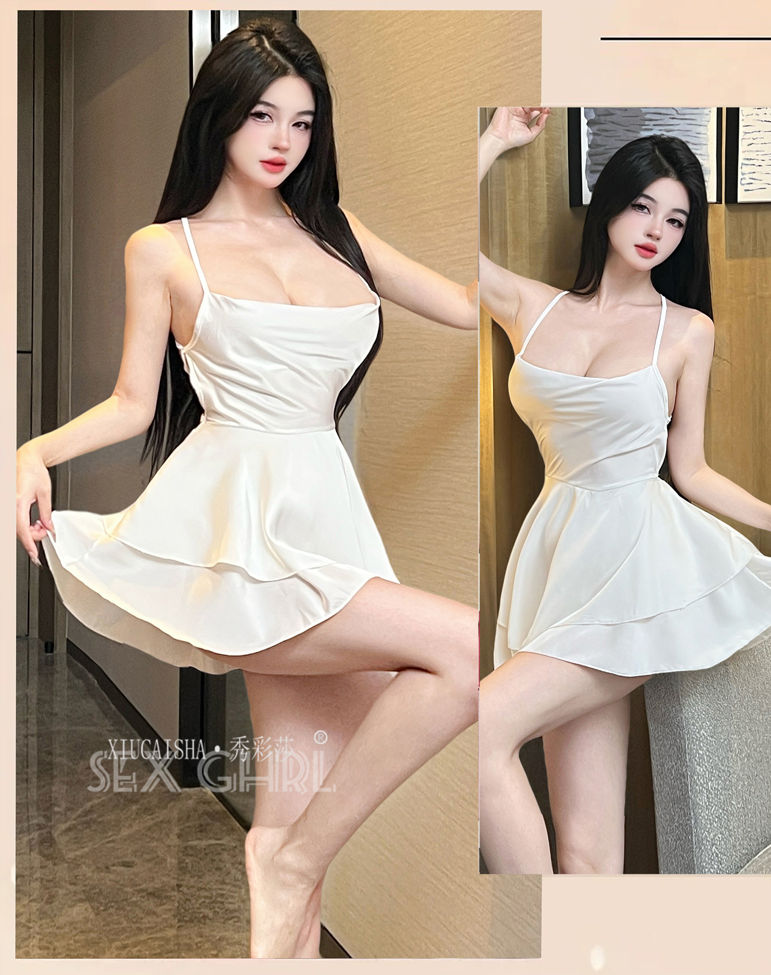 Satin Camisole Nightdress Set with Back Ties, Purple Lingerie with Black Stockings, One Size — detail image 24