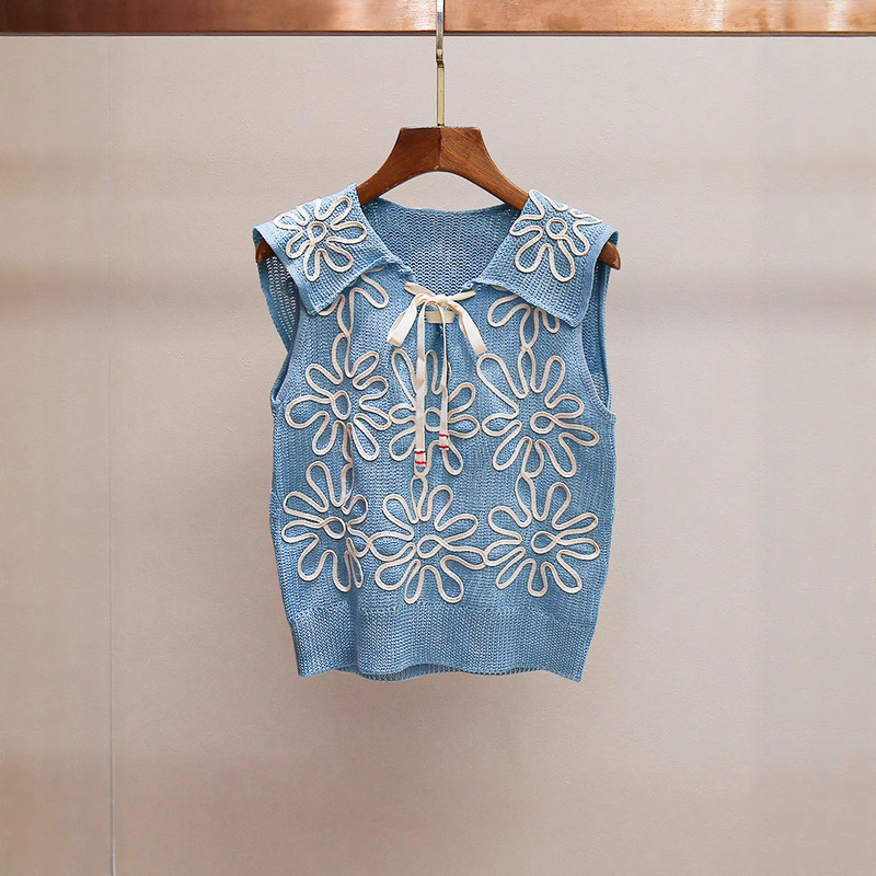 Shenzhen Nanyou Classy Women's Summer New French Casual Style Versatile Bow Navy Collar Embroidered Knitwear