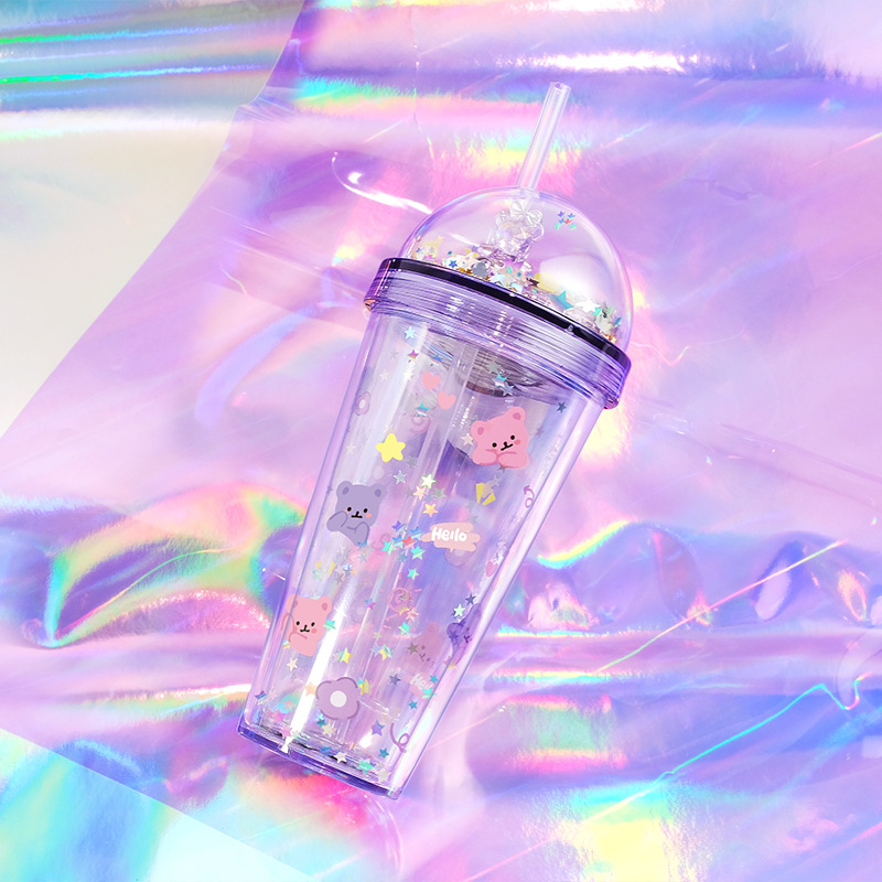 Taza de agua de paja taza de agua de alto aspecto Oso de cristal de doble capa taza de gran capacidad creativa Red Cup ins estilo