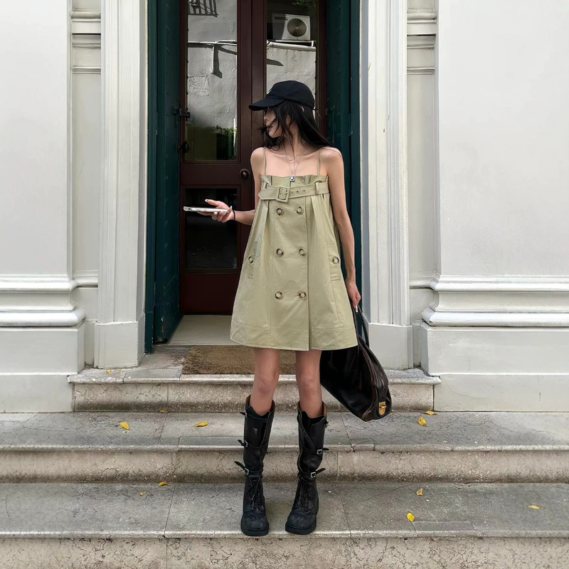 Korean Sweet Style Warden Edg Khaki Dress for Women, Summer Design, Niche A-Line Strap Dress, Hot Girl Short Dress