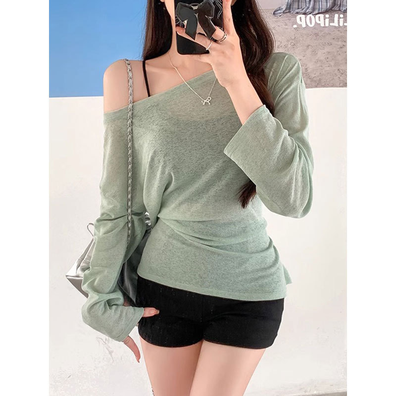 Cross-Border 2026 Original Quality Pure Desire Slanted Shoulder Long-Sleeved T-Shirt for Women Summer Elegant Loose Thin Style Slimming Look Off-Shoulder
