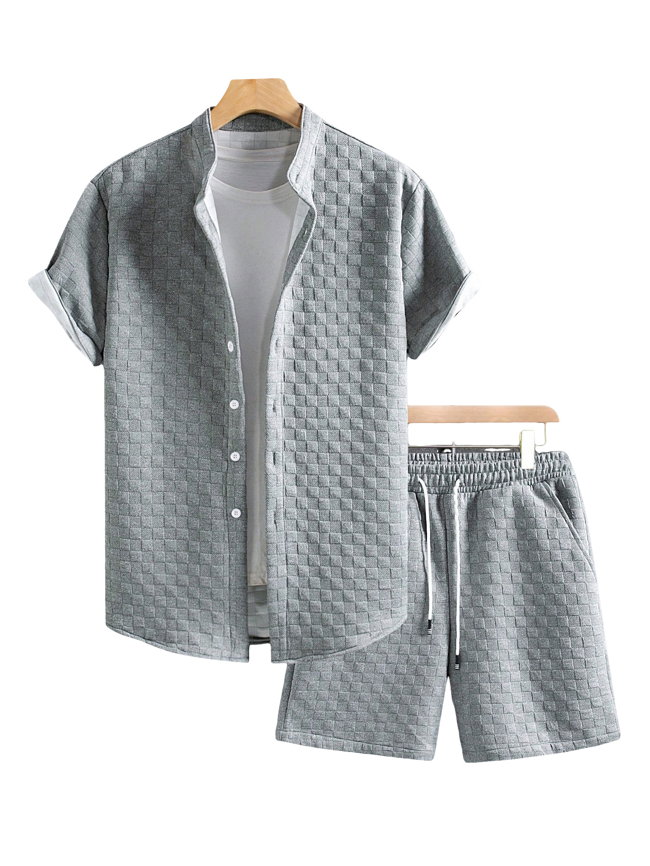 Herren Waffle Revers Kurzarm T-shirt Und Shorts Set Freizeit_voghion.com