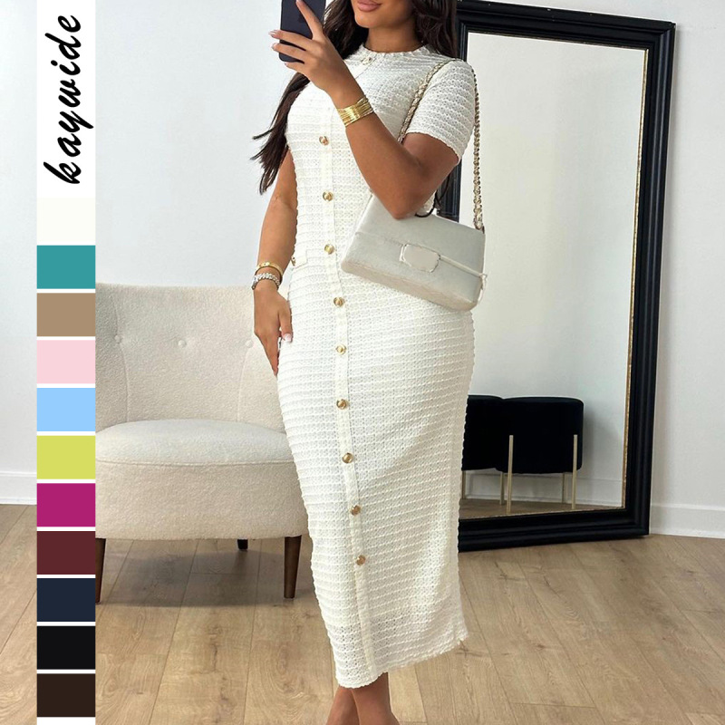 Kai Kuo 2025 Spring and Summer Cross-border European and American Style Amazon French Retro Slim-fit Cardigan Short-sleeved Dress Women's Clothing Kai Kuo 2025 Spring and Summer Cross-border European and American Style Amazon French Retro Slim-fit Cardigan Short-sleeved Dress Women's Clothing