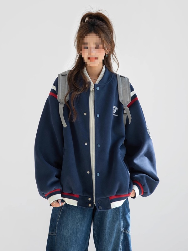 2025美式复古字母刺绣棒球服外套女春秋撞色拼接情侣夹克|undefined