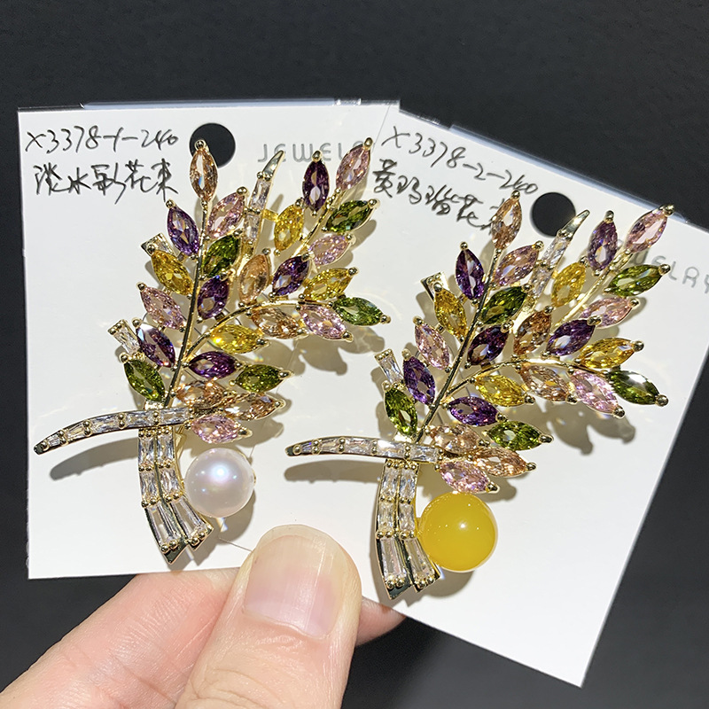 Qianyu silver European and American Super flash color zircon Bouquet brooch natural freshwater pearl high-end jewelry pin wholesale